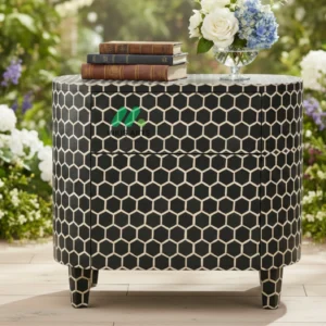 Bone inlay Black Round bedside table with 2 Drawers