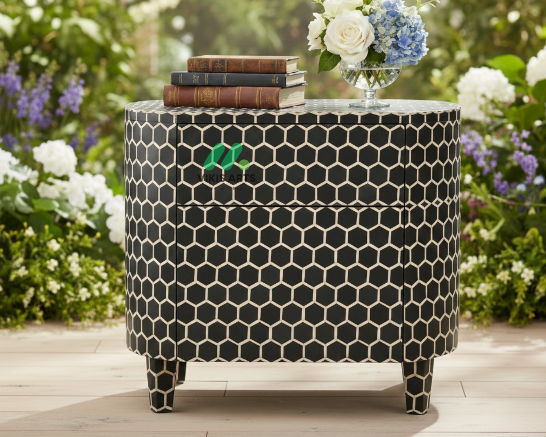 Bone inlay Black Round bedside table with 2 Drawers