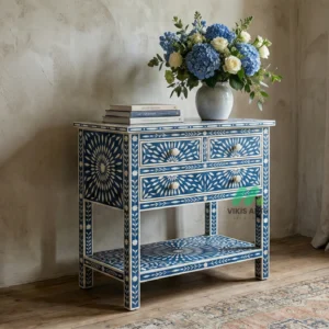Bone inlay Blue bedside table with 4 Drawers