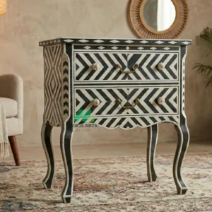Bone inlay Black bedside table with 2 Drawers