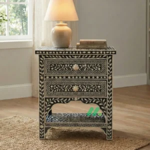 Bone inlay Black bedside table with 2 Drawers
