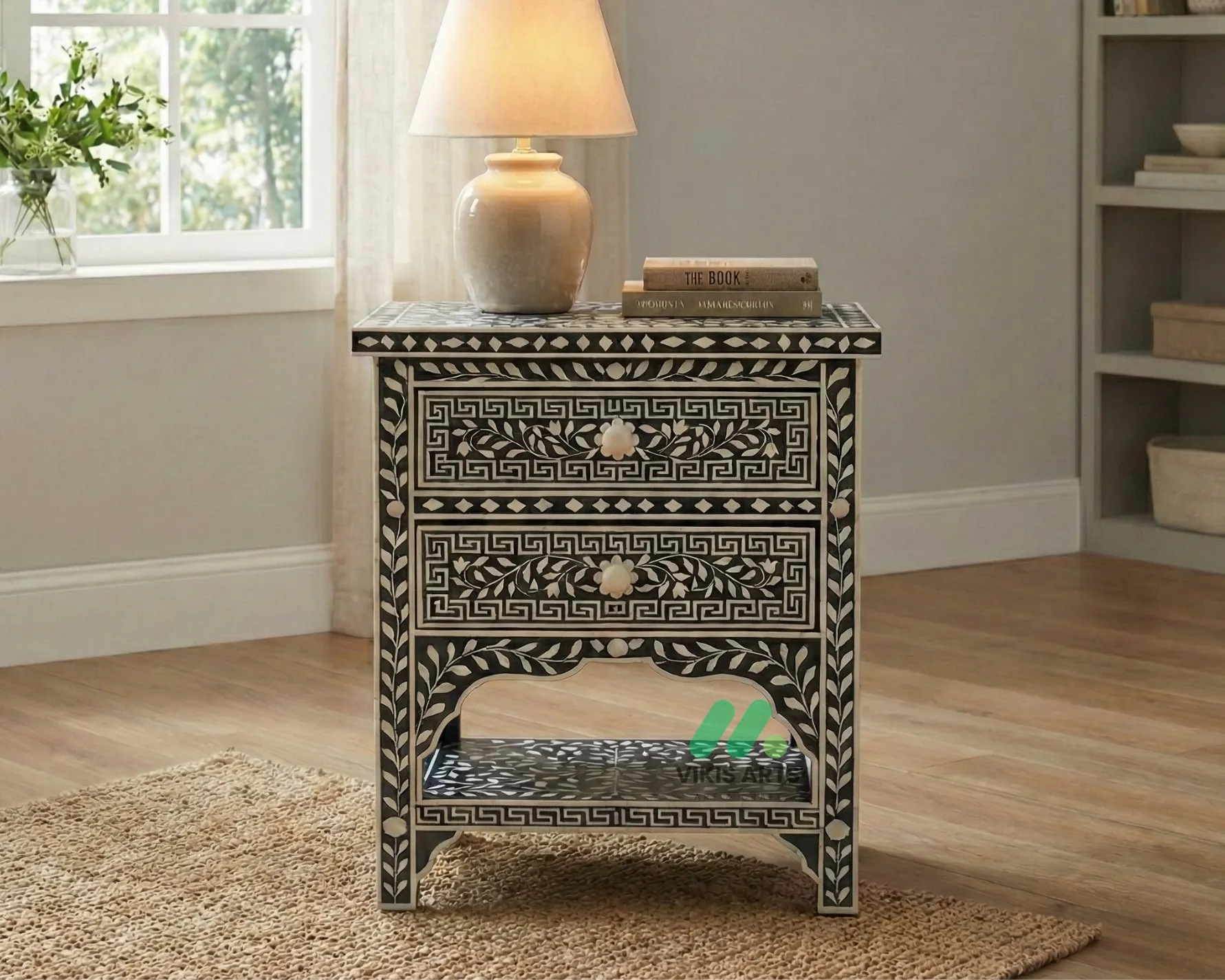 Bone inlay Black bedside table with 2 Drawers