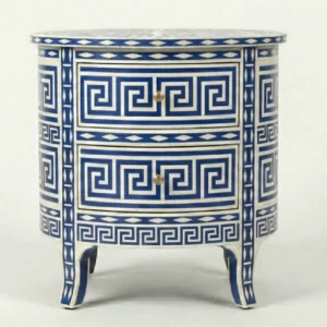Bone inlay Blue Round bedside table with 2 Drawers