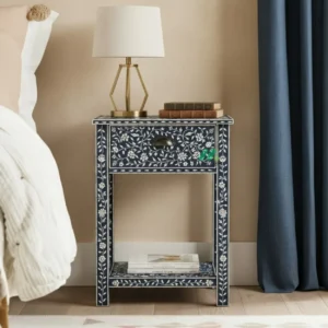 Bone Inlay Blue Bedside Table