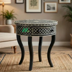 Bone inlay Black Round bedside table with 1 Drawer