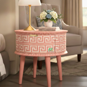 Bone Inlay Pink Round Bedside Table