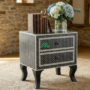 Bone Inlay Black Bedside Table with 2 Drawers