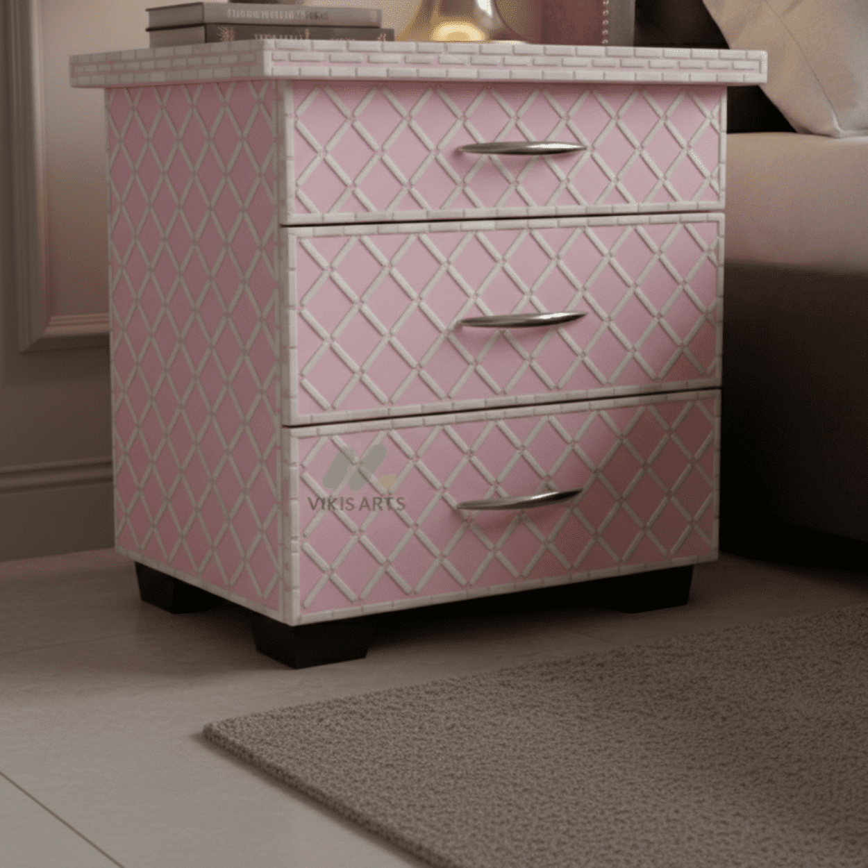 Bone Inlay Pink Bedside Table with 3 Drawer - Image 6