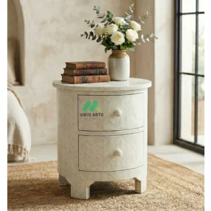 Bone inlay White Round bedside table With 2 Drawers