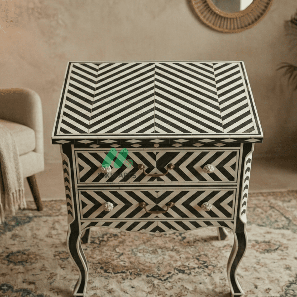 Bone inlay Black bedside table with 2 Drawers - Image 3