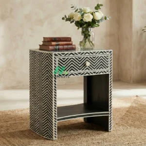 Bone inlay Black bedside table with 1 drawer
