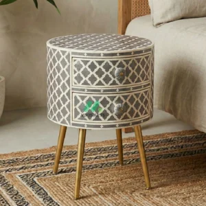 Bone inlay Grey bedside table with 2 Drawers