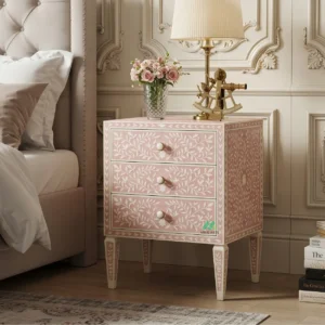 Handmade Bone Inlay Pink Bedside Table