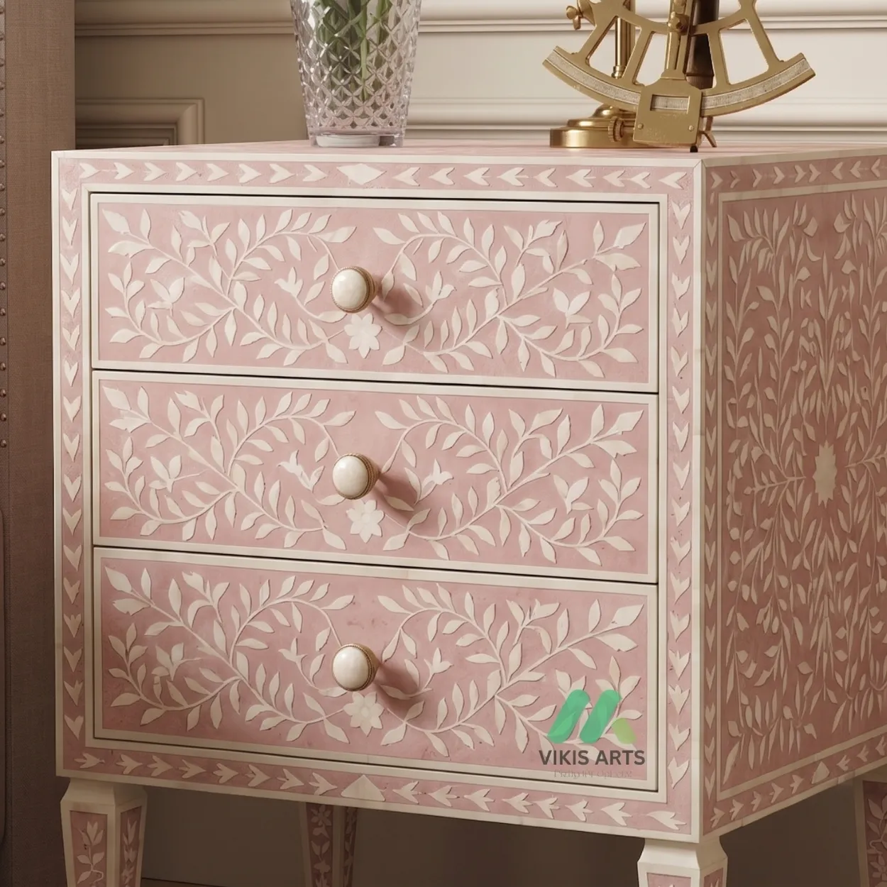 Handmade Bone Inlay Pink Bedside Table - Image 7
