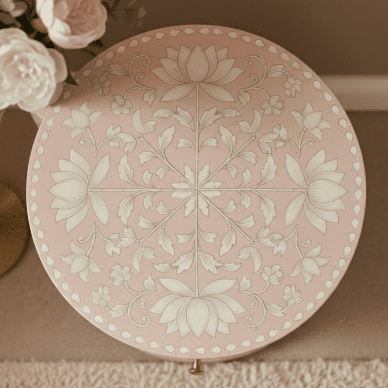 Bone Inlay Pink Round Bedside Table - Image 3