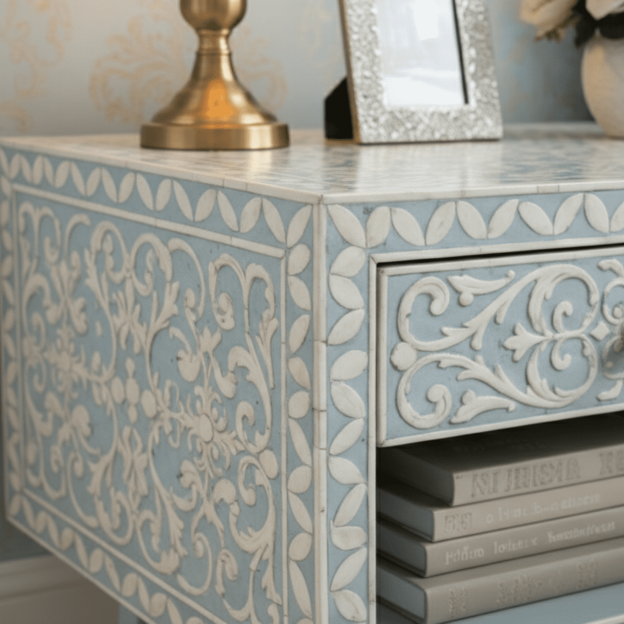 Bone Inlay Light Blue Bedside Table with Drawer - Image 4