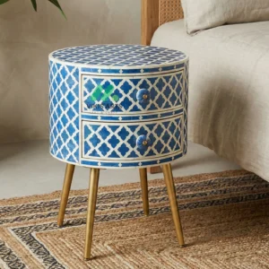 Bone inlay Blue Round bedside table with 2 Drawers