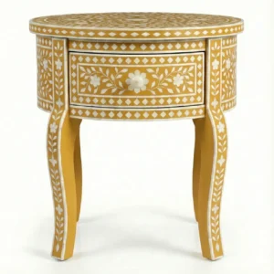 Bone inlay Yellow Round  bedside table with 1 Drawer