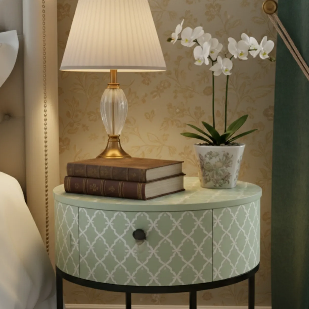 Bone Inlay Light Green Bedside Table - Image 3