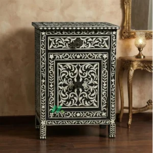 Bone Inlay Black Bedside Table with 2 Drawer
