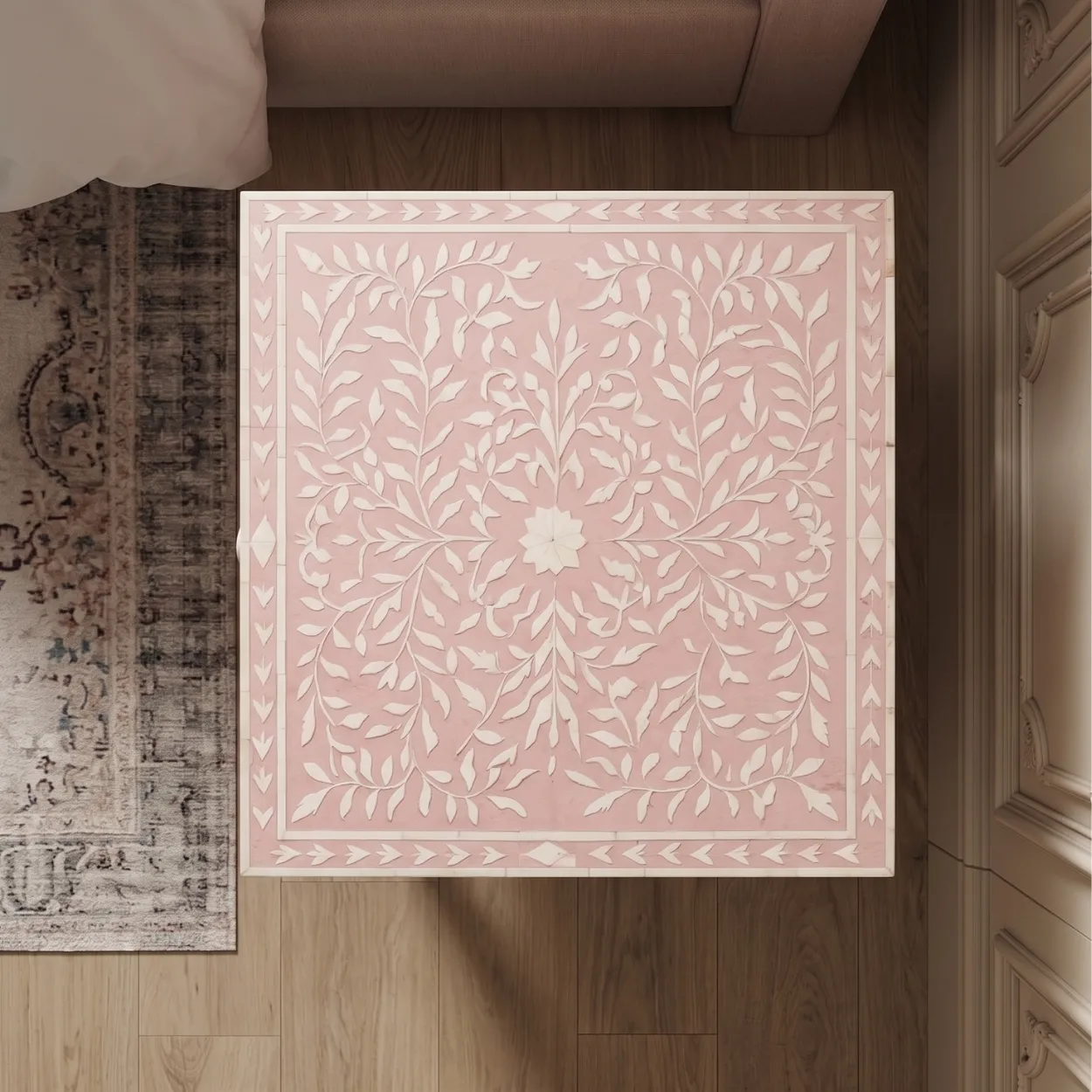 Handmade Bone Inlay Pink Bedside Table - Image 4