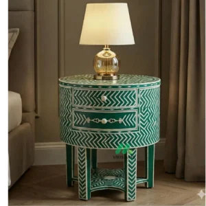 Bone inlay Green Round bedside table with 2 Drawers