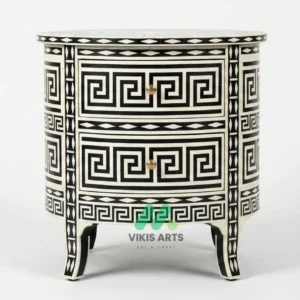 Bone inlay Black Round bedside table with 2 Drawers
