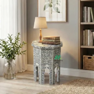 Bone Inlay Grey Round bedside table