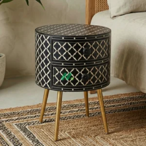 Bone inlay Black Round bedside table with 2 Drawers