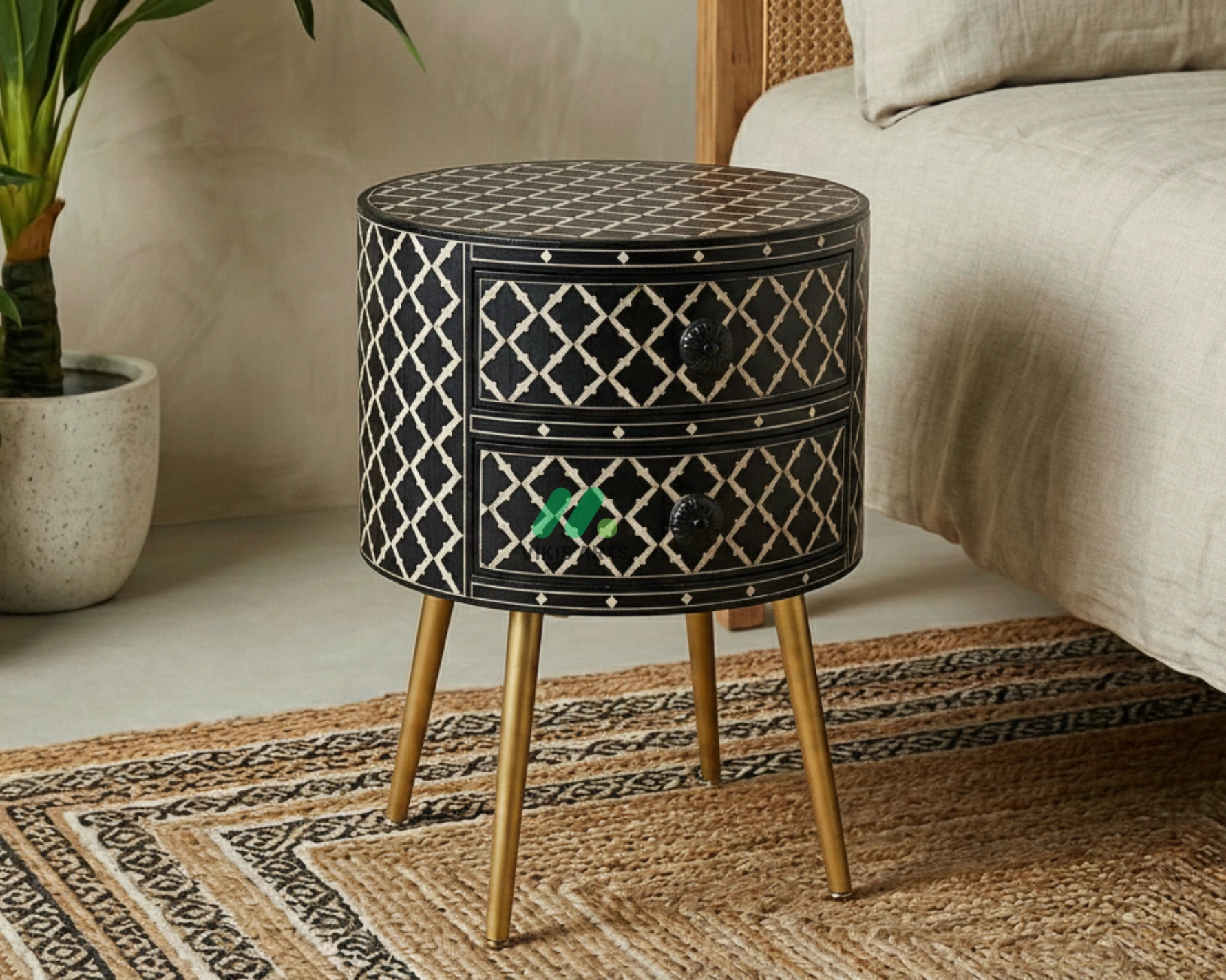 Bone inlay Black Round bedside table with 2 Drawers