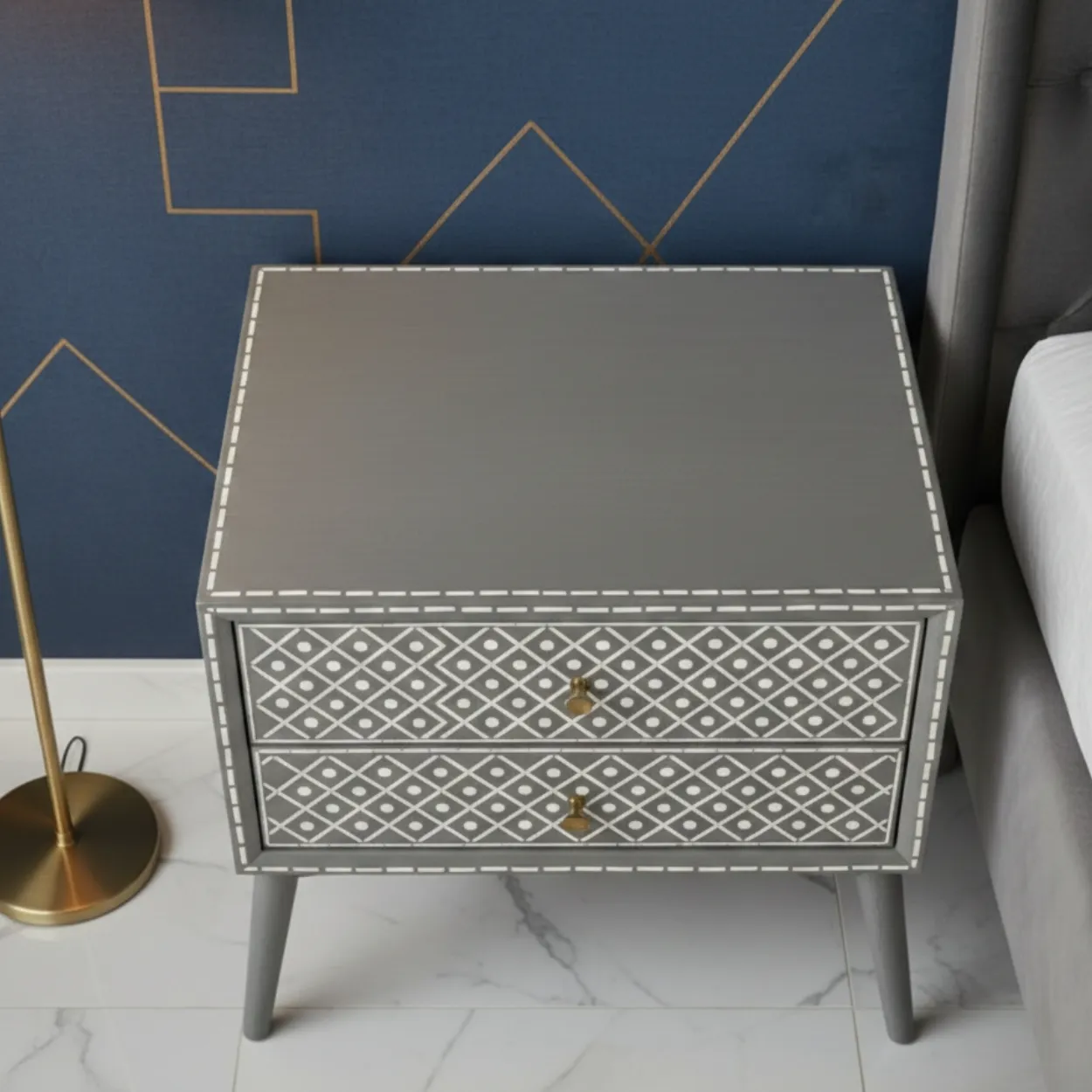 Bone Inlay Grey bedside table with 2 Drawer - Image 3
