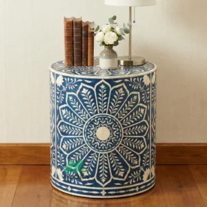 Bone inlay Blue Round bedside table