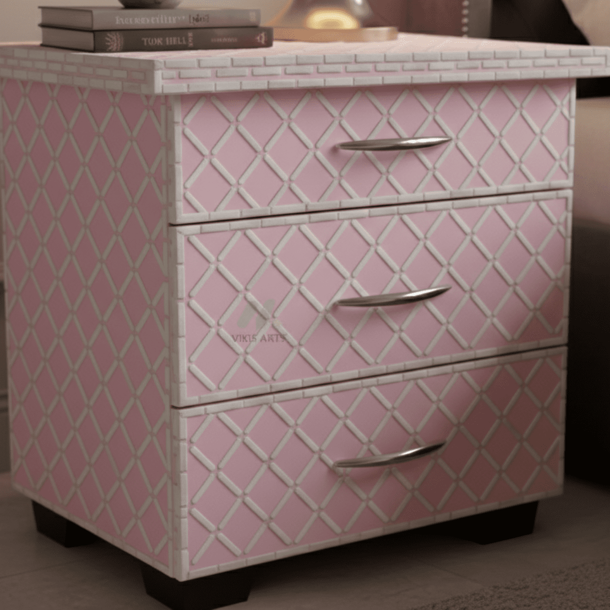 Bone Inlay Pink Bedside Table with 3 Drawer - Image 4