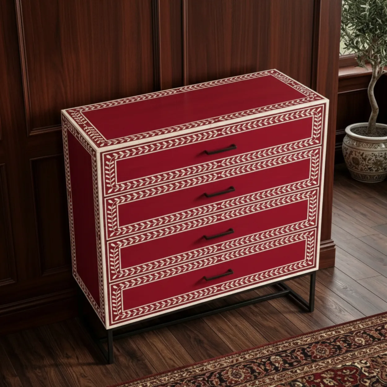 Bone Inlay Red 4 Chest of Drawer - Image 3
