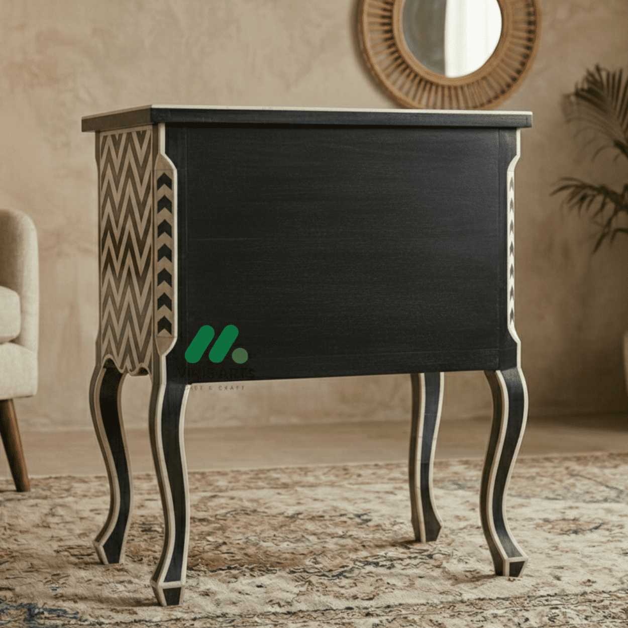 Bone inlay Black bedside table with 2 Drawers - Image 2