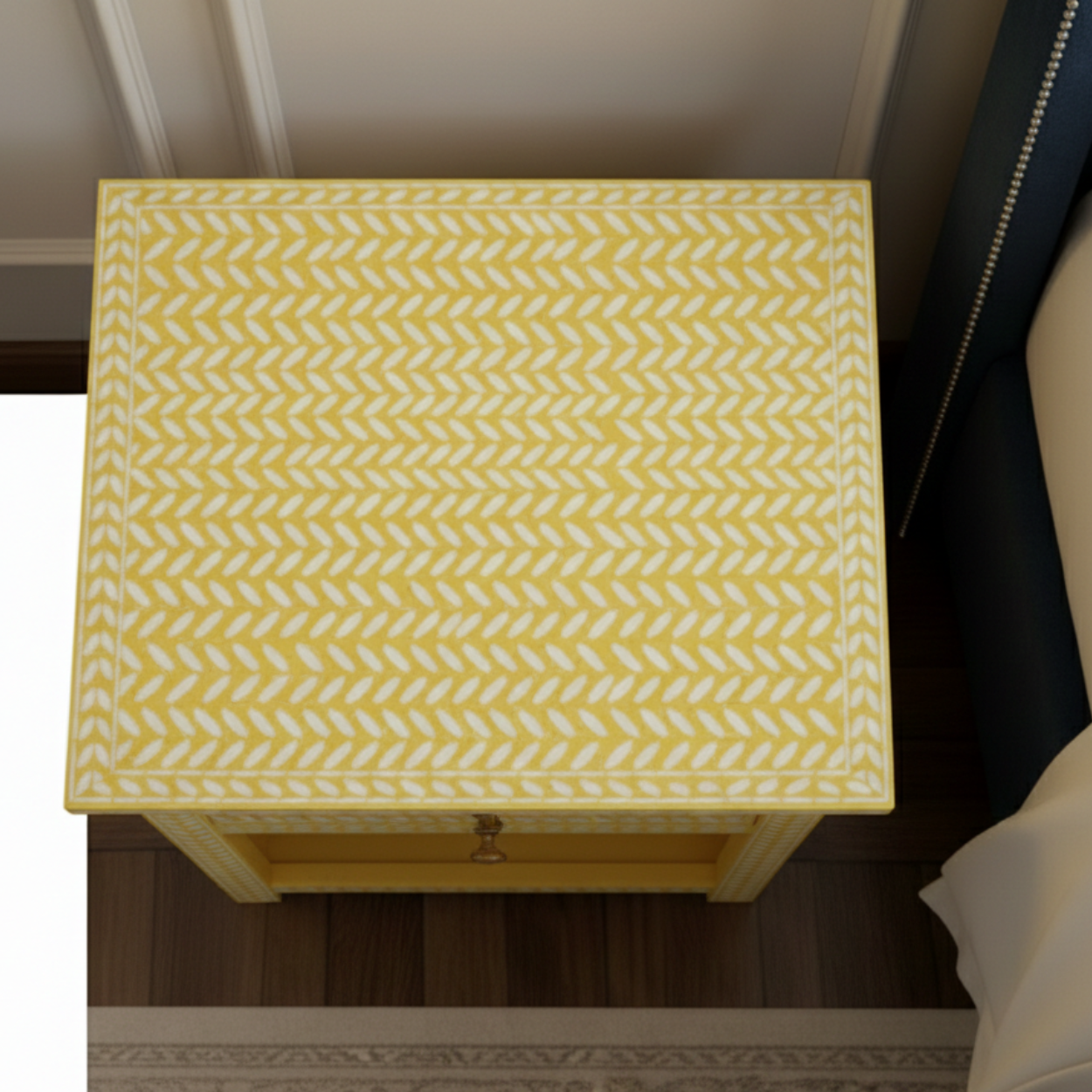 Bone Inlay Yellow Bedside Table with 1 Drawer - Image 3