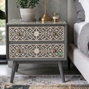 Bone Inlay Grey Bedside Table with 2 Drawer