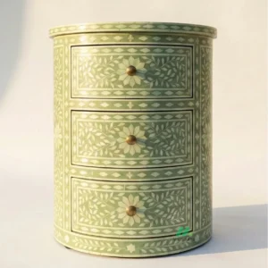 Bone Inlay Sage Green Round bedside table with 3 Drawer