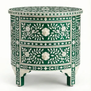 Bone inlay Green Round bedside table with 2 Drawers