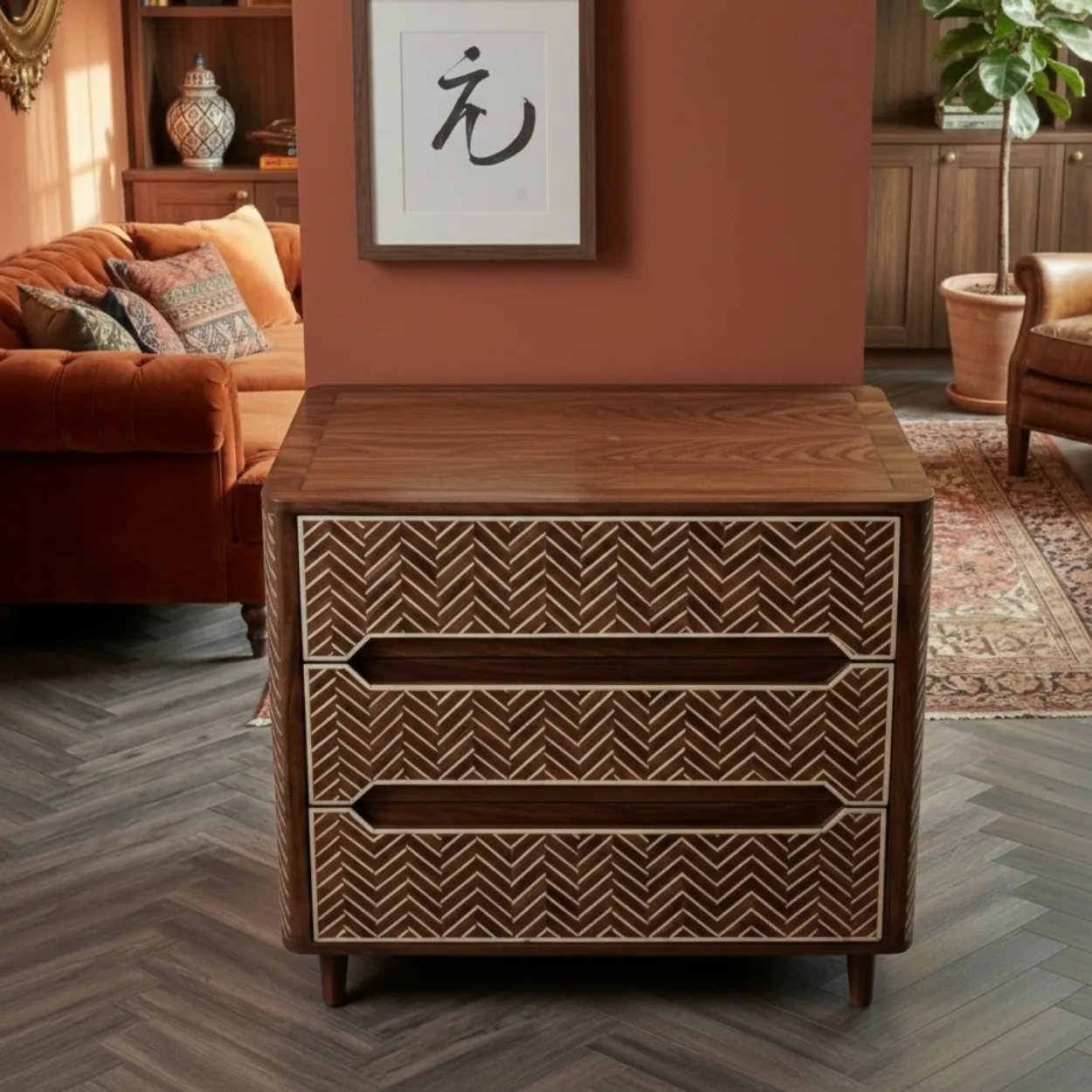 Bone Inlay Wooden 3 Chest of Drawer - Image 3