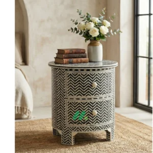 Bone inlay Black Round bedside table with 2 Drawers