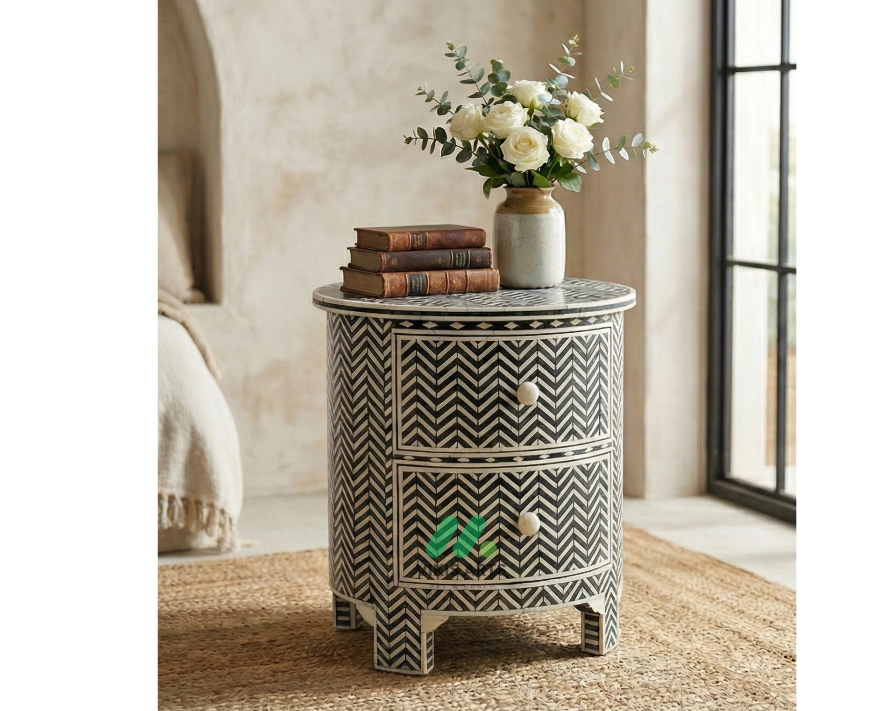Bone inlay Black Round bedside table with 2 Drawers