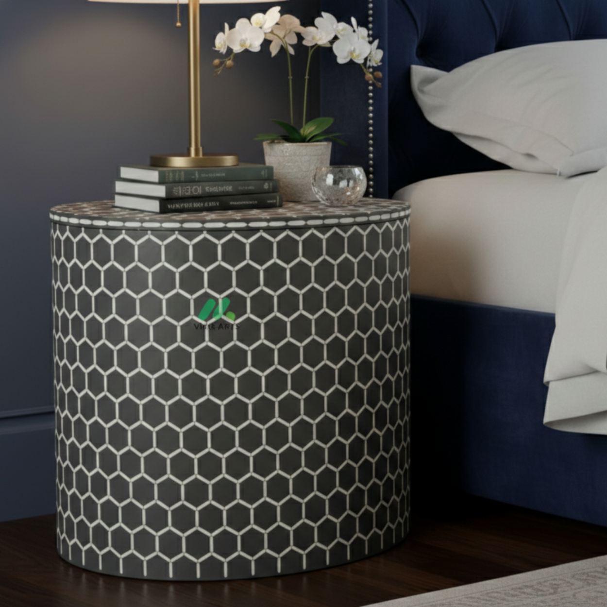Bone Inlay Grey Bedside Table - Image 2