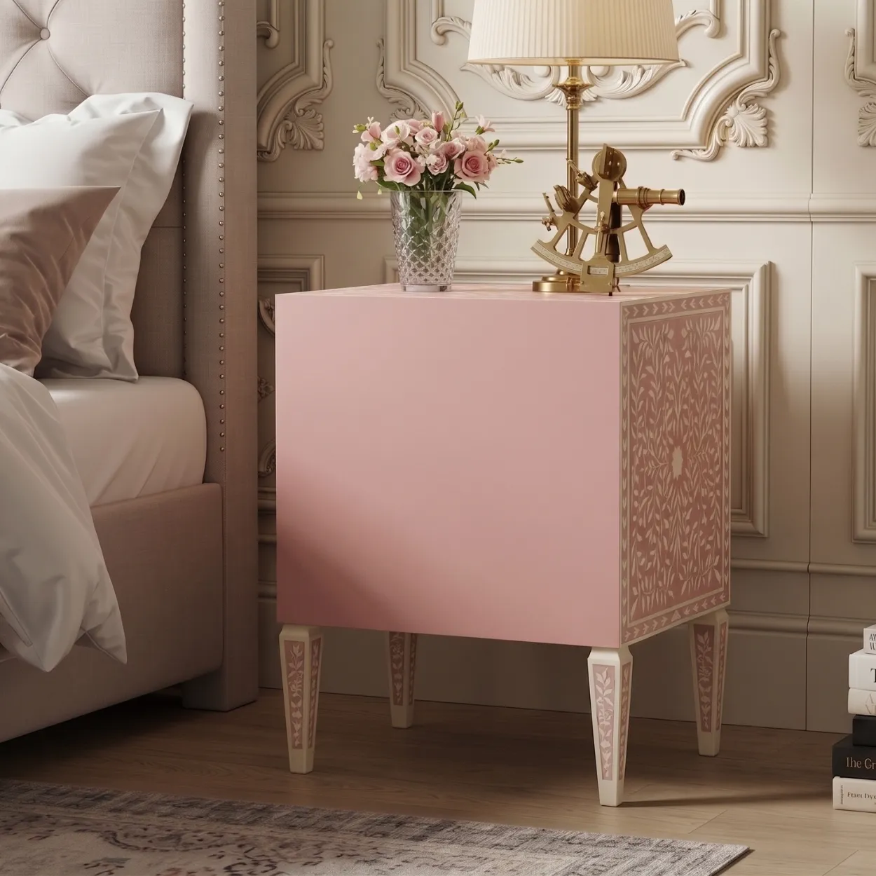 Handmade Bone Inlay Pink Bedside Table - Image 3