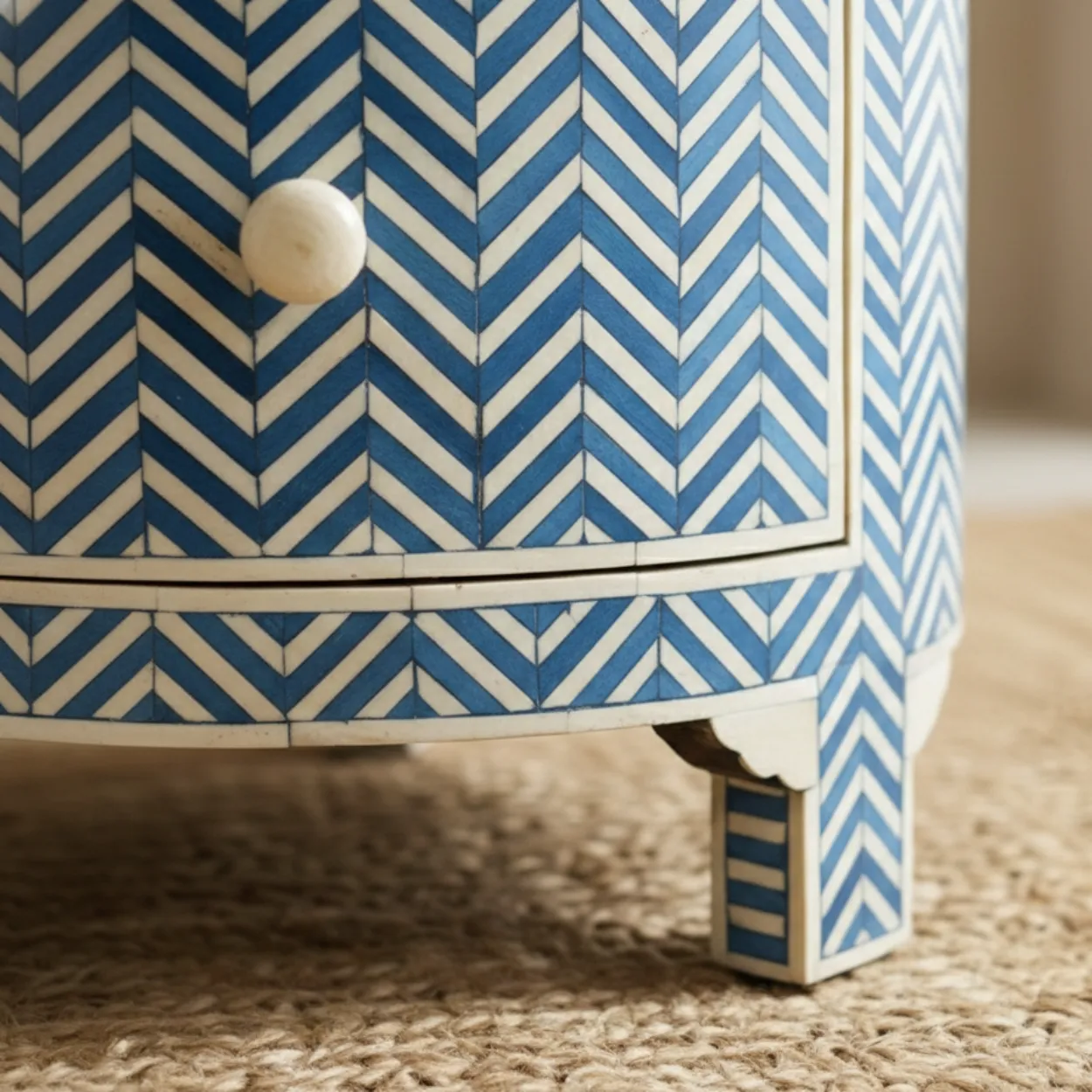 Bone Inlay Blue Round bedside table with 2 Drawer - Image 5