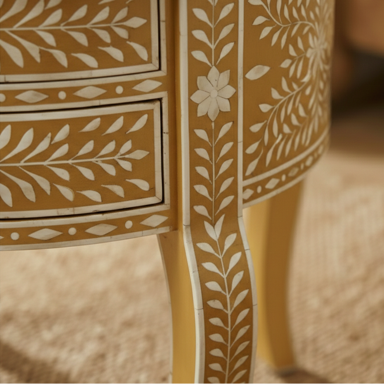 Bone inlay Yellow Round bedside table with 2 Drawers - Image 2