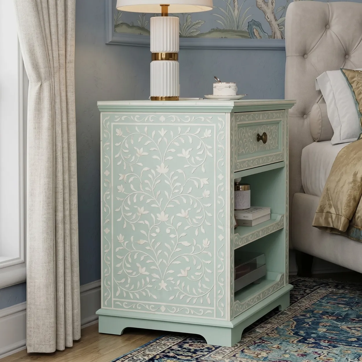 Bone Inlay Light green Nightstand with 1 Drawer - Image 4