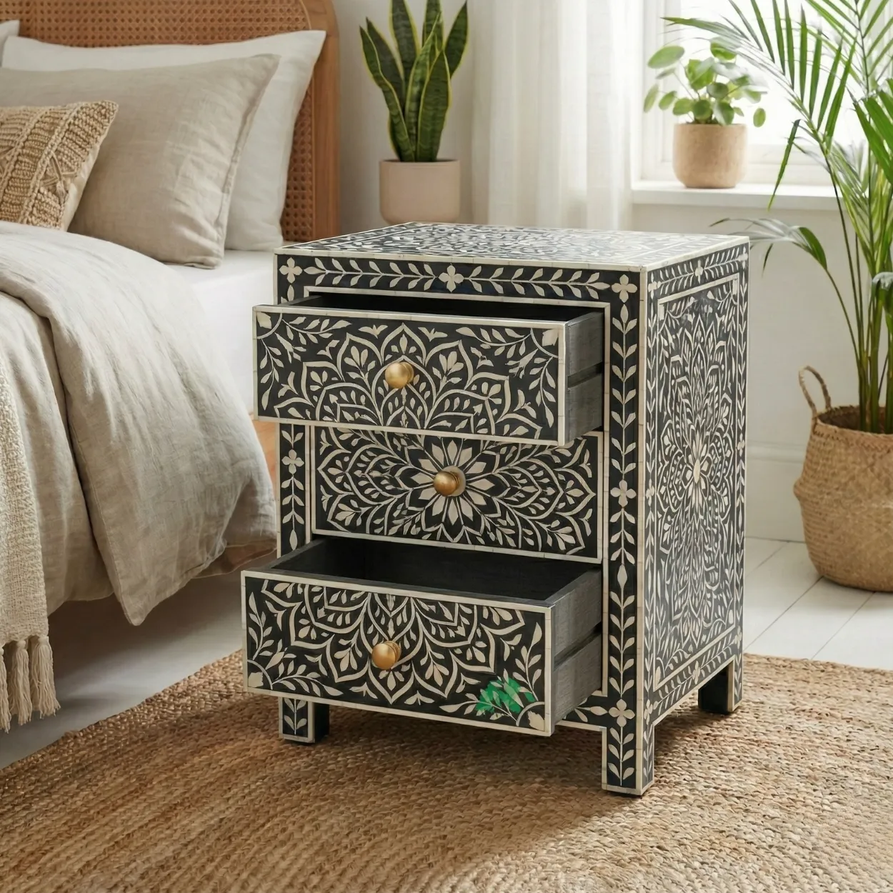 Bone Inlay Black bedside table with 3 drawer - Image 4