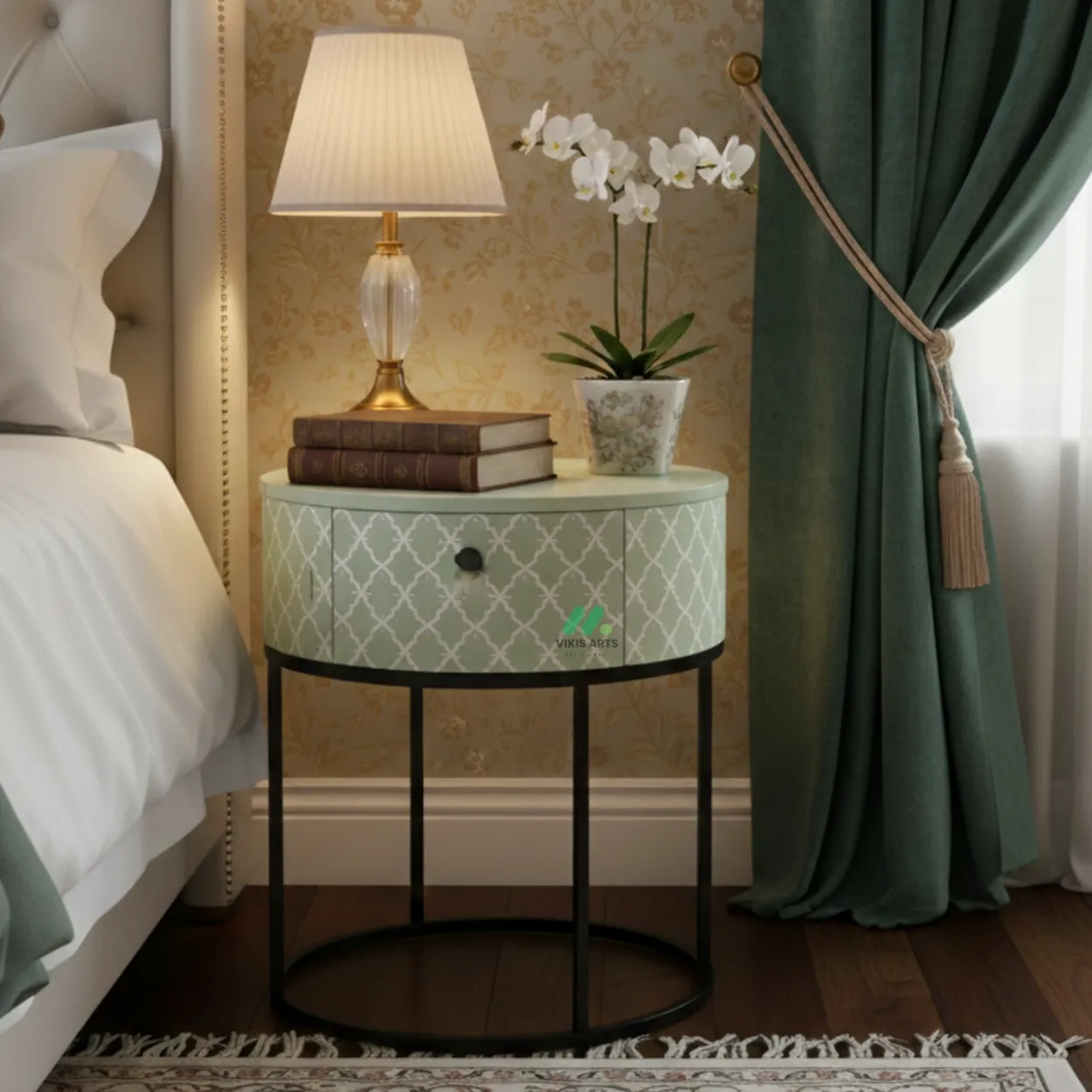 Bone Inlay Light Green Bedside Table