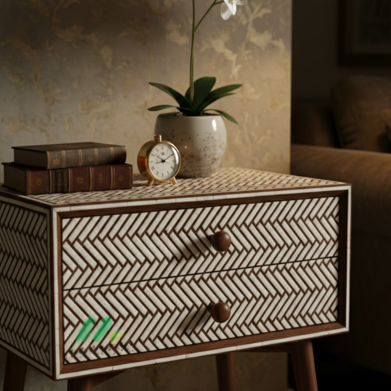 Bone Inlay Brown Bedside Table with 2 Drawer - Image 4